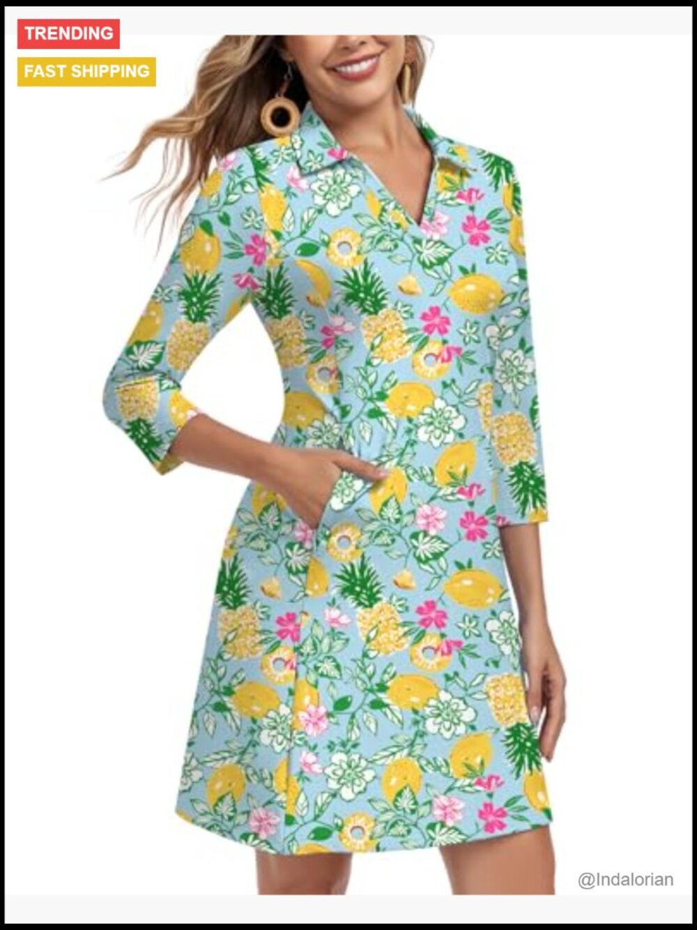 3/4 Sleeve V Neck Dress with Pockets UPF 50+ Quick Dry Sun Dress - Picture 2 of 7